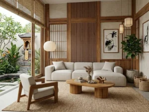 Japandi furniture crafted from solid teak wood featuring minimalist Japanese and Scandinavian design elements.