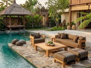 Premium teak outdoor furniture set crafted from solid teak wood for patios, gardens, resorts, and outdoor living spaces.