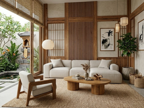 Japandi furniture crafted from solid teak wood featuring minimalist Japanese and Scandinavian design elements