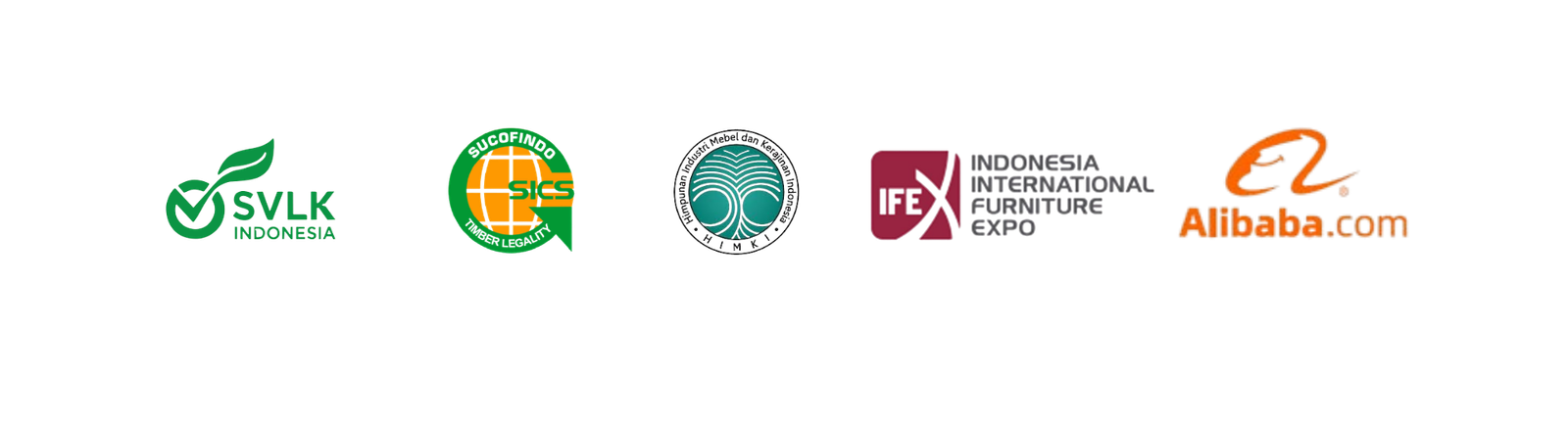 Trusted Certifications & Global Furniture Partnerships
Trusted furniture manufacturer certifications and partnerships including SVLK Indonesia, SUCOFINDO SICS, ASMINDO, Indonesia International Furniture Expo (IFEX), and Alibaba.com logos displayed on company website.