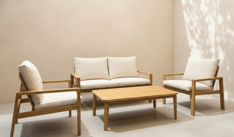 Catarina outdoor sofa set made from premium teak wood by Indonesia teak furniture factory, modern minimalist garden furniture