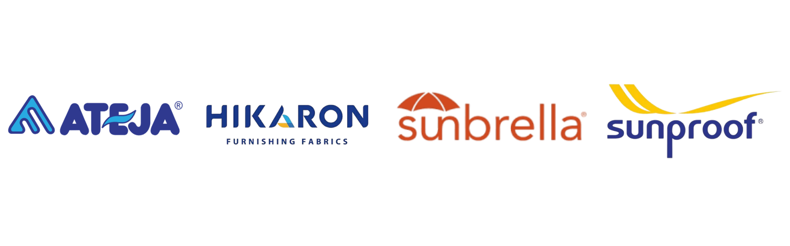 Trusted Outdoor Fabric Suppliers & Material Partners Premium outdoor fabric suppliers and partners including Ateja, Hikaron, Sunbrella, and Sunproof displayed on Wood Grand Living website.