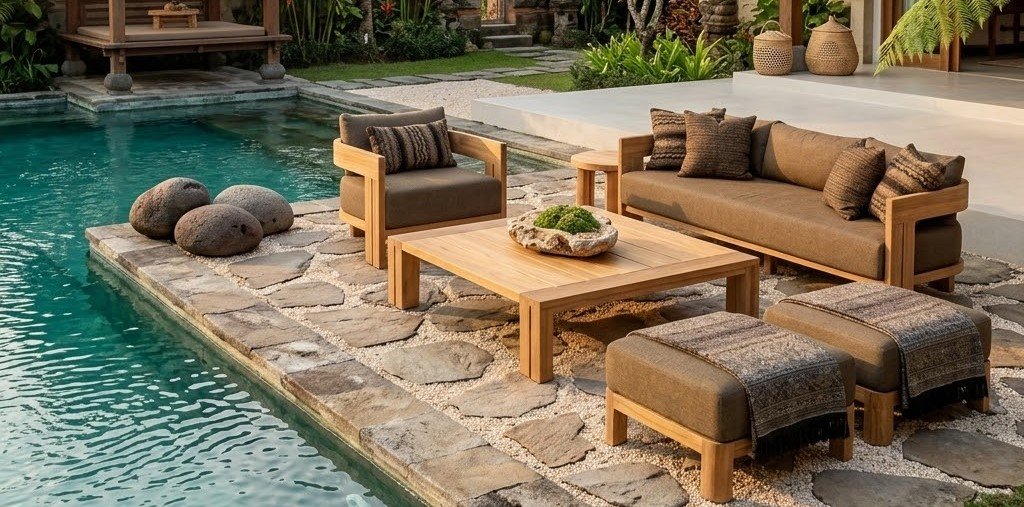 Outdoor Teak Lounge Set – Indonesia Teak Furniture Factory Premium outdoor teak furniture set with sofa, coffee table, and lounge chairs handcrafted in Jepara, Indonesia