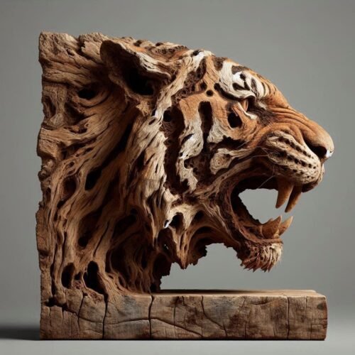 Handcrafted wooden tiger sculpture carved from solid teak wood with intricate detailing and natural wood grain