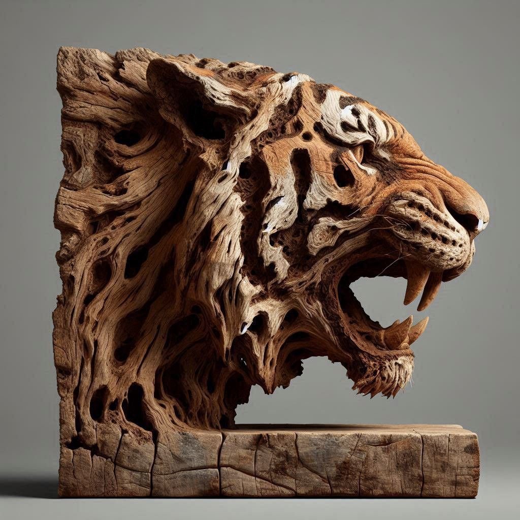Handcrafted wooden tiger sculpture carved from solid teak wood with intricate detailing and natural wood grain