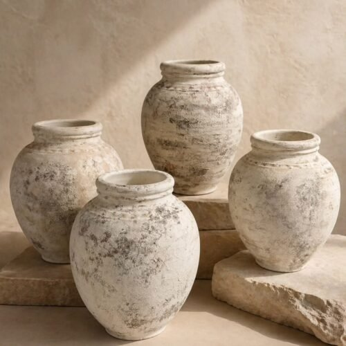 Handcrafted decorative ceramic vase set in natural beige finish for modern home decor