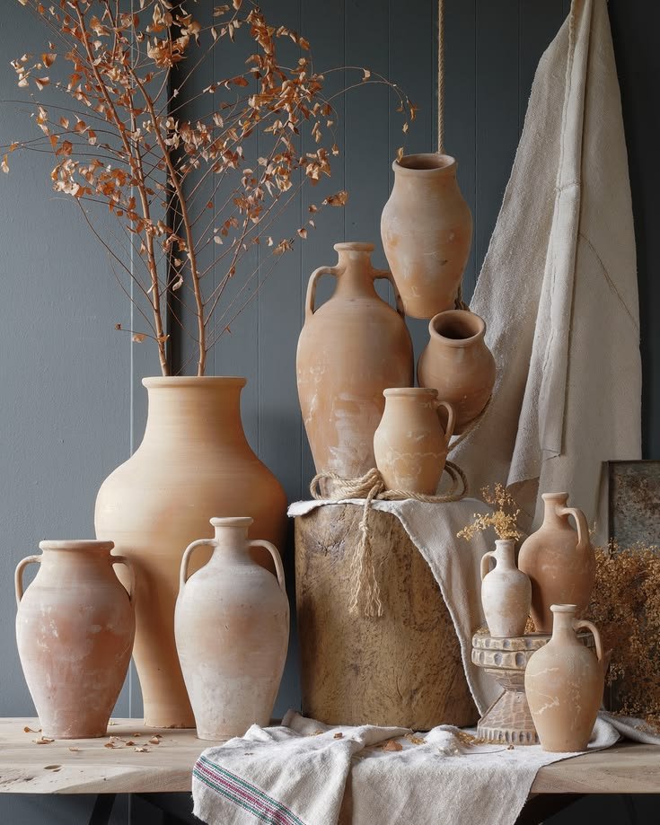 Collection of handcrafted terracotta vases in assorted shapes and natural clay finishes displayed on wooden shelves